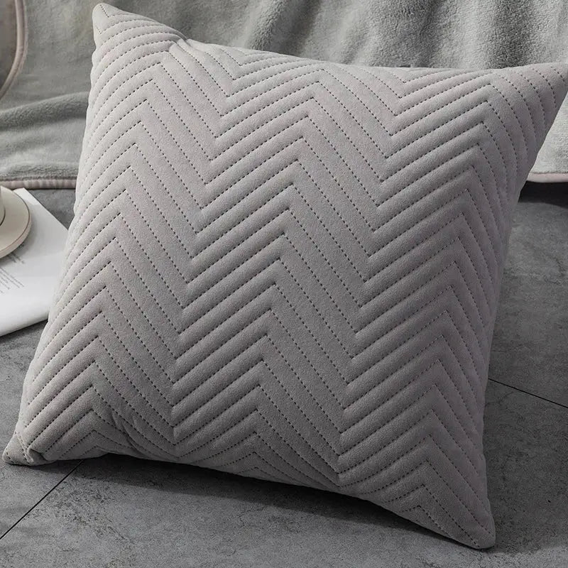 Gray suede-like cushion cover with quilted chevron pattern for decorbites blue wave crimping living room decor