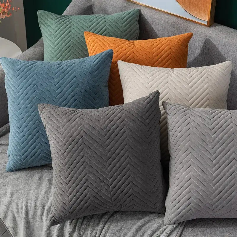 Set of six textured chevron cushion covers in teal and blue tones ideal for living room decorbites blue wave decor