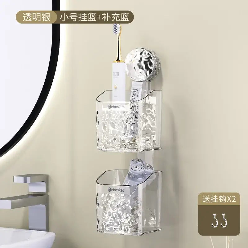 Transparent silver acrylic wall-mounted bathroom shelf storage rack with suction cup and textured wave pattern baskets