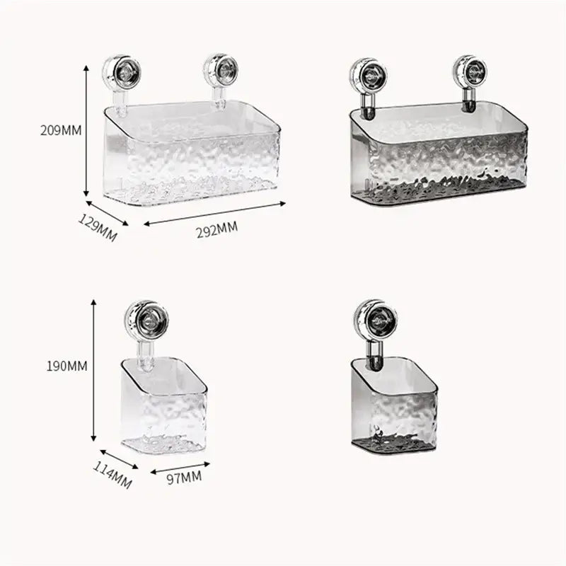 Textured clear acrylic suction cup bathroom shelf storage rack with a clear textured plastic soap dish and chrome suction cup