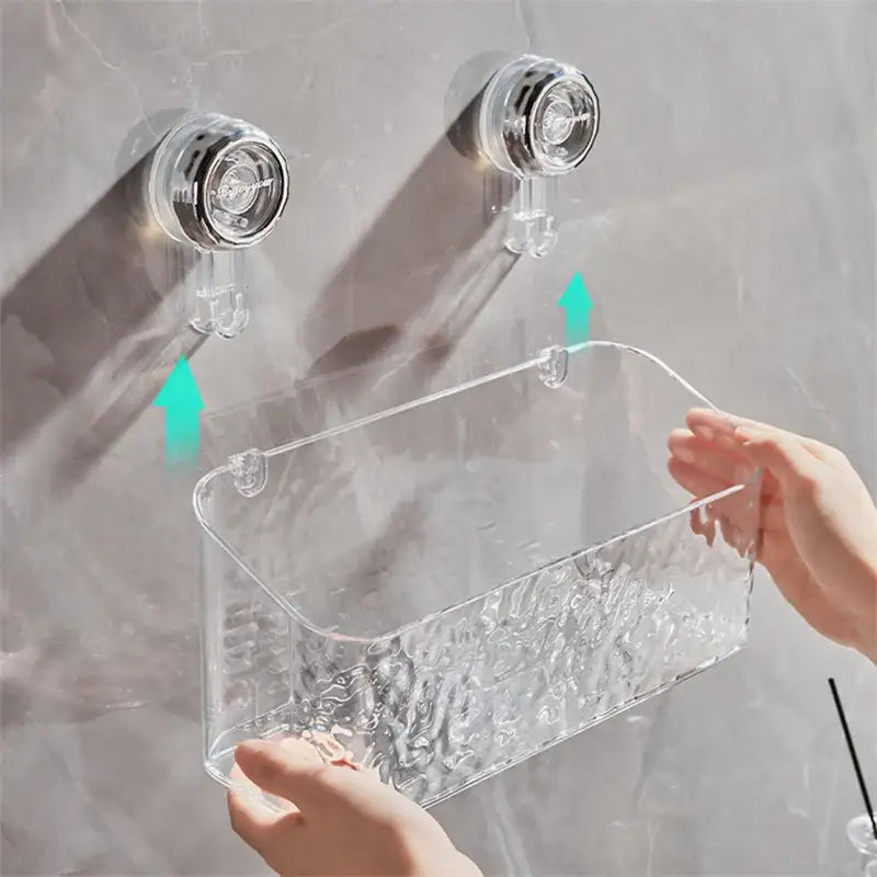 Clear textured acrylic storage rack with transparent suction cup hooks wall-mounted bathroom shelf