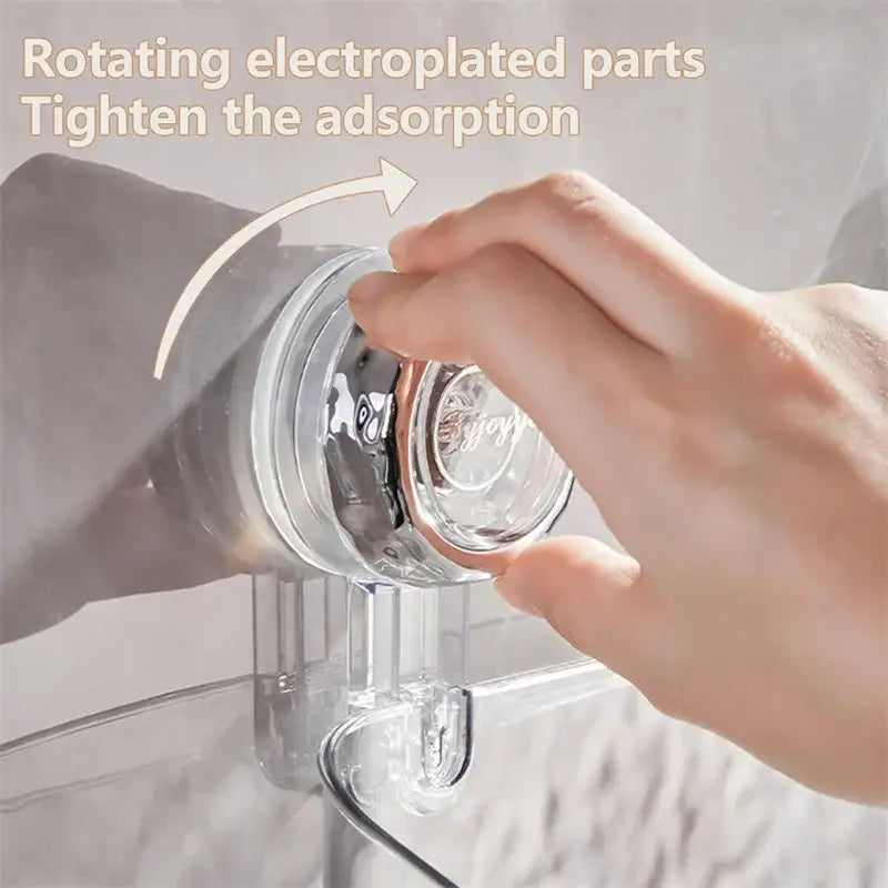 Clear transparent plastic water bottle with rotating electroplated metal cap on textured clear acrylic suction cup bathroom shelf storage rack