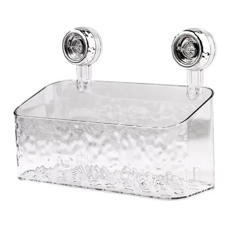 Textured clear acrylic bathroom shelf storage rack with two chrome suction cup mounts for easy wall attachment
