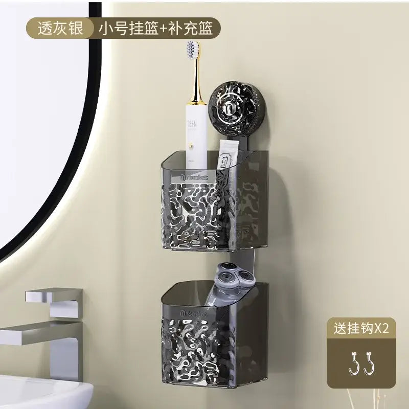 Transparent silver two-tier acrylic suction cup bathroom shelf storage rack with swirling black pattern for toothbrush and razor organization
