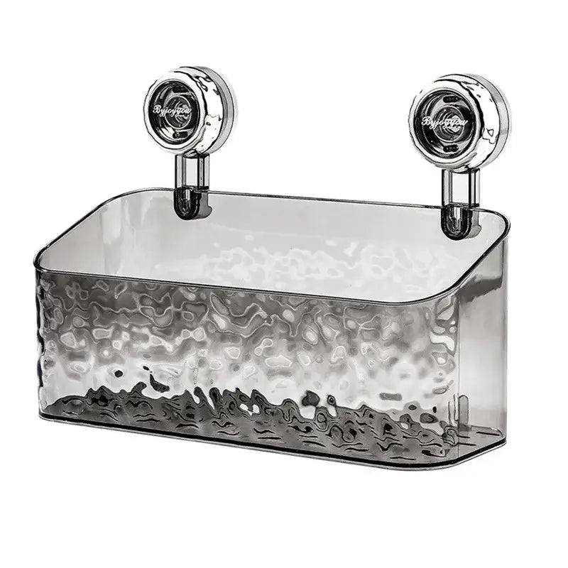 Transparent gray acrylic bathroom shelf storage rack with textured finish and chrome suction cup wall mounts