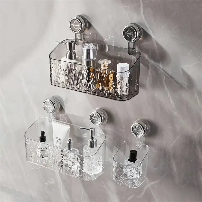 Textured clear acrylic bathroom shelf storage rack with suction cup mounts and sleek metallic finish for organized storage