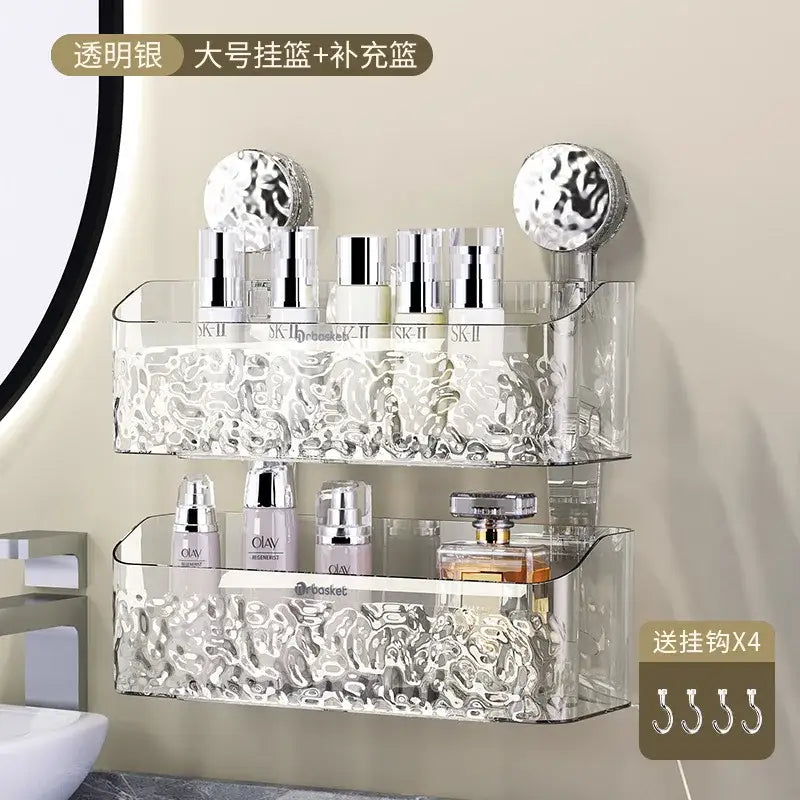 Transparent silver two-tier suction cup bathroom shelf storage rack made of clear acrylic with textured water-like pattern