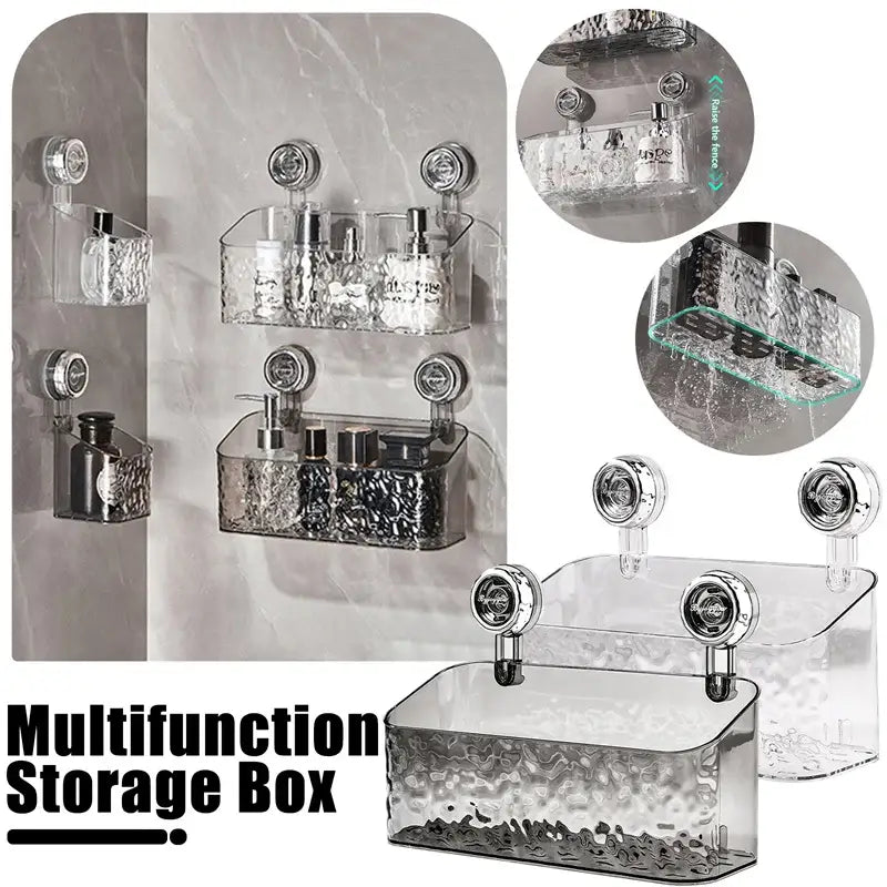 Clear textured acrylic bathroom shelf storage rack with silver-toned suction cup mounting for shower organization