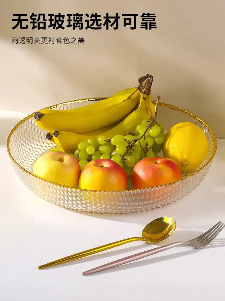 Clear textured glass fruit plate with gold rim ideal for snack storage plate and living room use