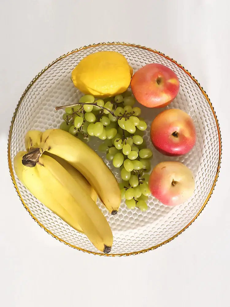 White textured glass fruit bowl with gold rim for living room snack storage plate and glass fruit display