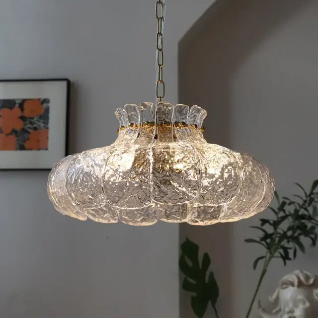 Textured clear glass french pendant chandelier with fluted design and gold accents for dining room lighting