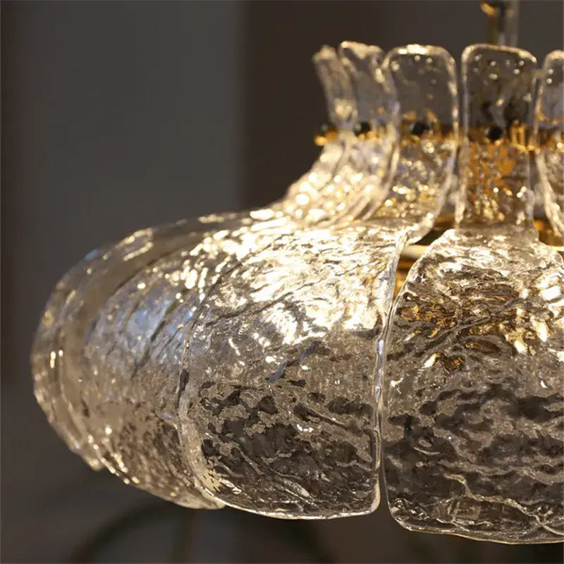 Textured clear glass french pendant chandelier with golden metallic frame for dining room lighting