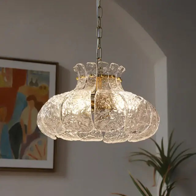 Textured clear glass french pendant chandelier with gold-toned metal frame for dining room lighting