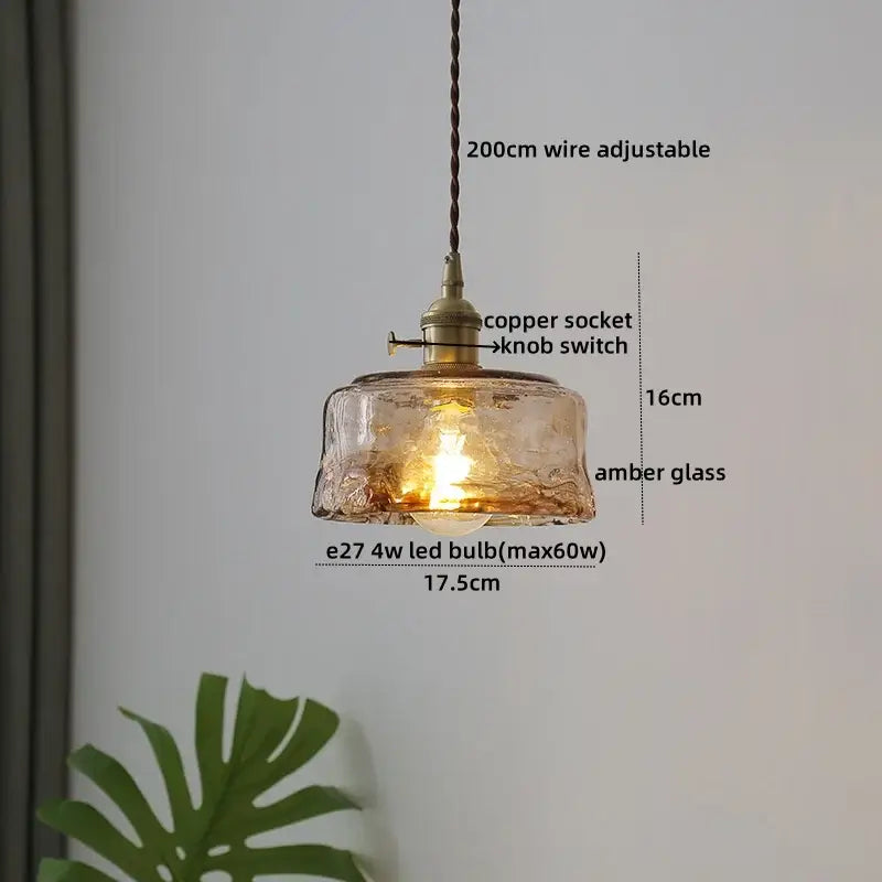 Amber glass pendant light with copper socket and knob switch on adjustable wire for decorbites clear glass led lighting