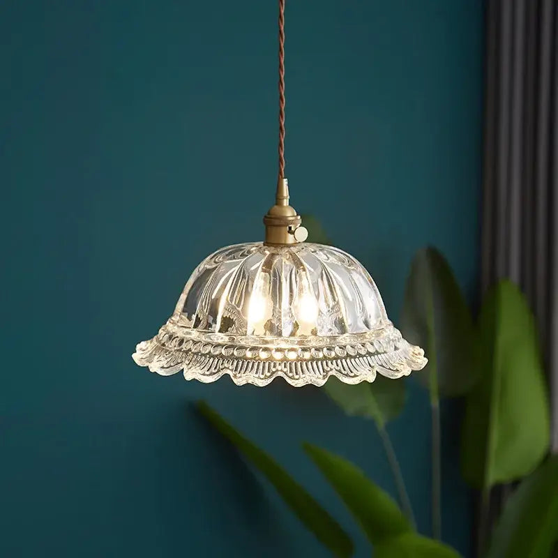 Clear glass led pendant light with fluted scalloped design and brass hardware decorbites clear glass fixture