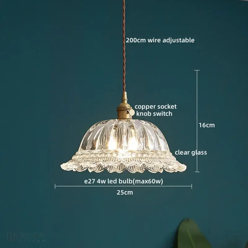 Clear glass led pendant light with fluted ruffled design and brass copper socket knob switch for kitchen decorbites