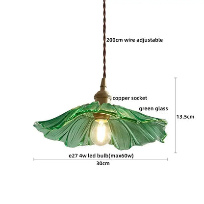 Green glass leaf-shaped clear glass led pendant light with copper socket and adjustable 200cm wire by decorbites