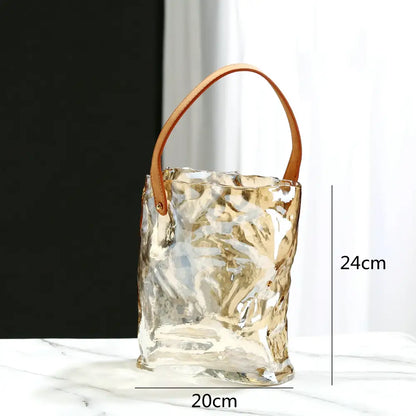 Transparent textured clear glass vase with tan leather handles for living room decorbites clear glass hydroponic use