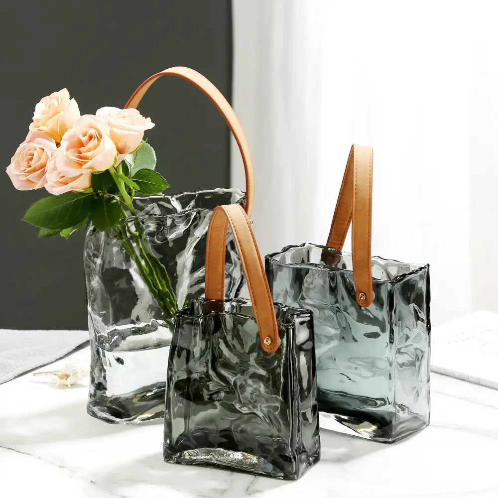 Three translucent textured clear glass vases with tan leather handles for living room decorbites clear glass vase hydroponic use