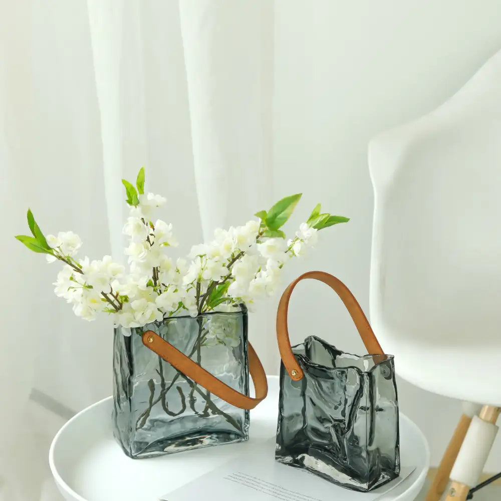 Gray textured clear glass vase with tan leather handles for living room decorbites clear glass hydroponic display