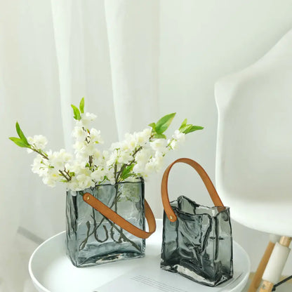 Gray textured clear glass vase with tan leather handles for living room decorbites clear glass hydroponic display