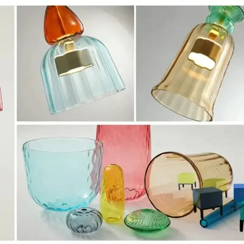 Textured colorful glass pendant lights with translucent surfaces and gold-toned fixtures for kitchen dining room chandelier