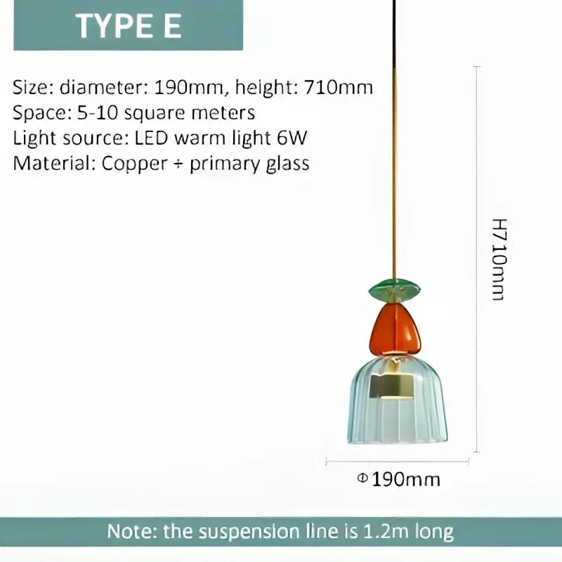 A modern pendant light with textured colorful glass featuring an orange teardrop top and blue bell-shaped base