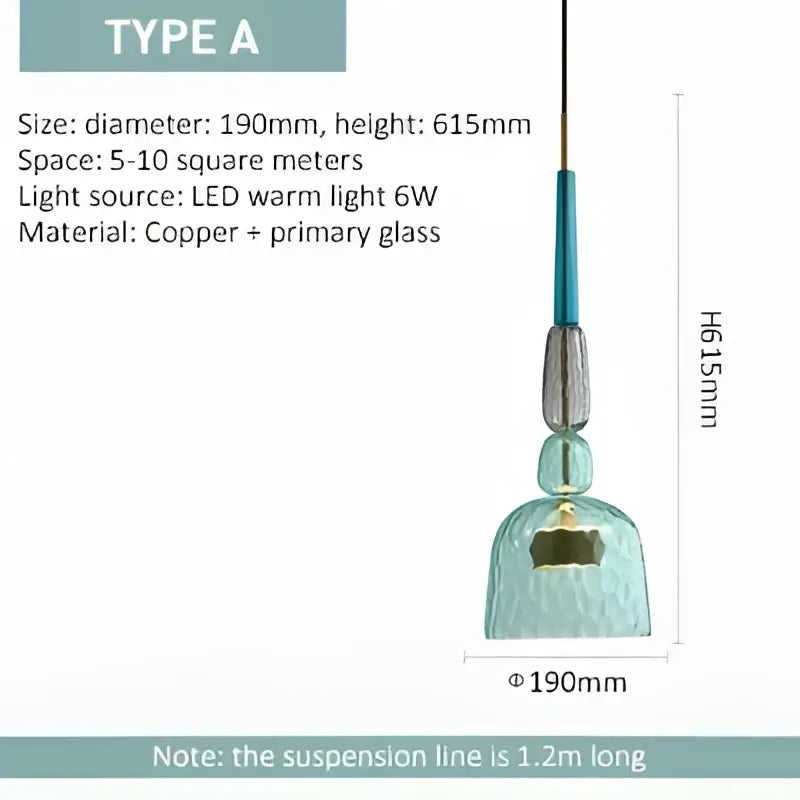 A teal and copper textured glass pendant light with bell-shaped shade for kitchen and dining room chandelier