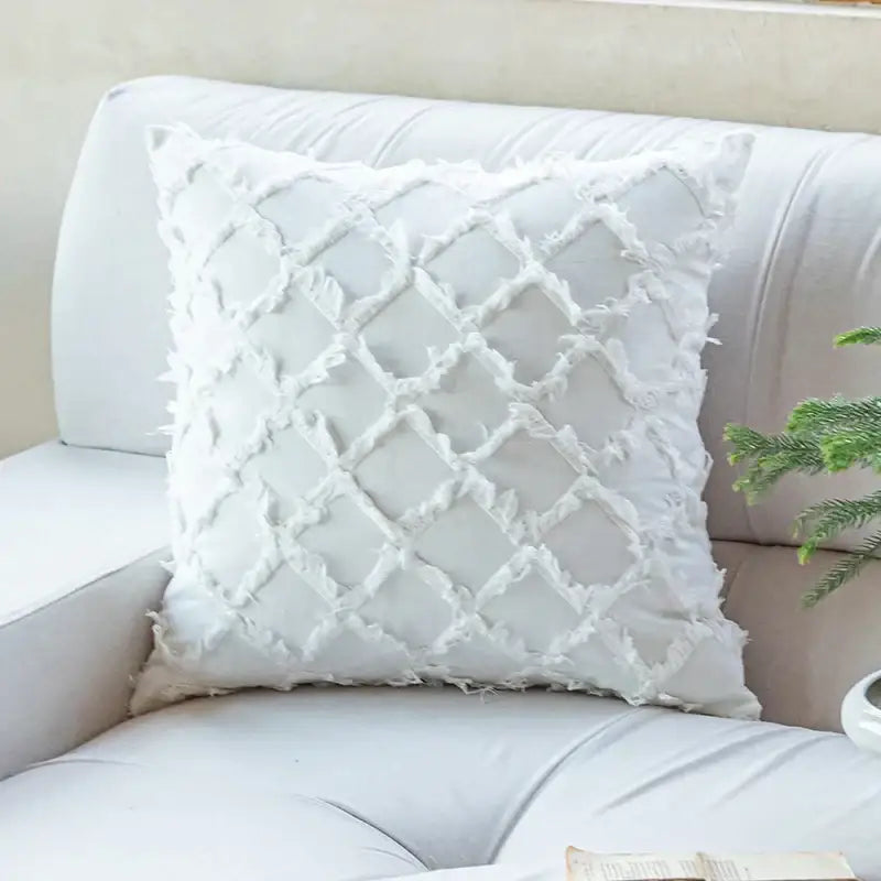 White cotton diamond cushion cover with textured diamond pattern and frayed edges for decorbites cushion cover set