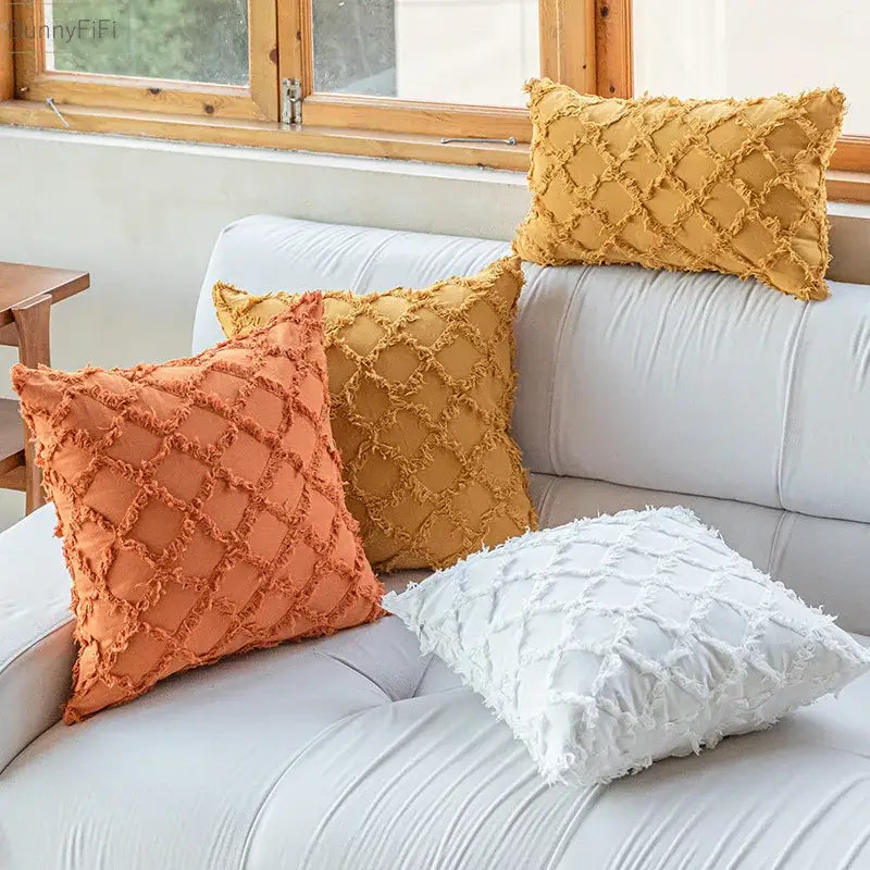 Three textured cotton diamond cushion covers in warm orange mustard yellow and white for living room decorbites decor