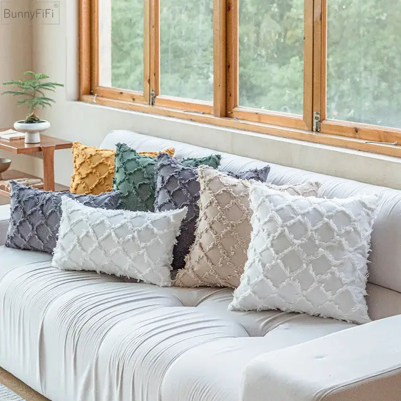 Set of decorbites cotton diamond cushion covers in mustard and orange with a textured diamond quilted pattern for living room decor