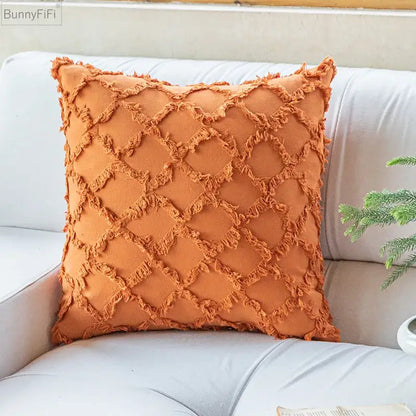 Orange textured cotton diamond cushion cover with diamond pattern and frayed edges for living room decorbites cushion cover