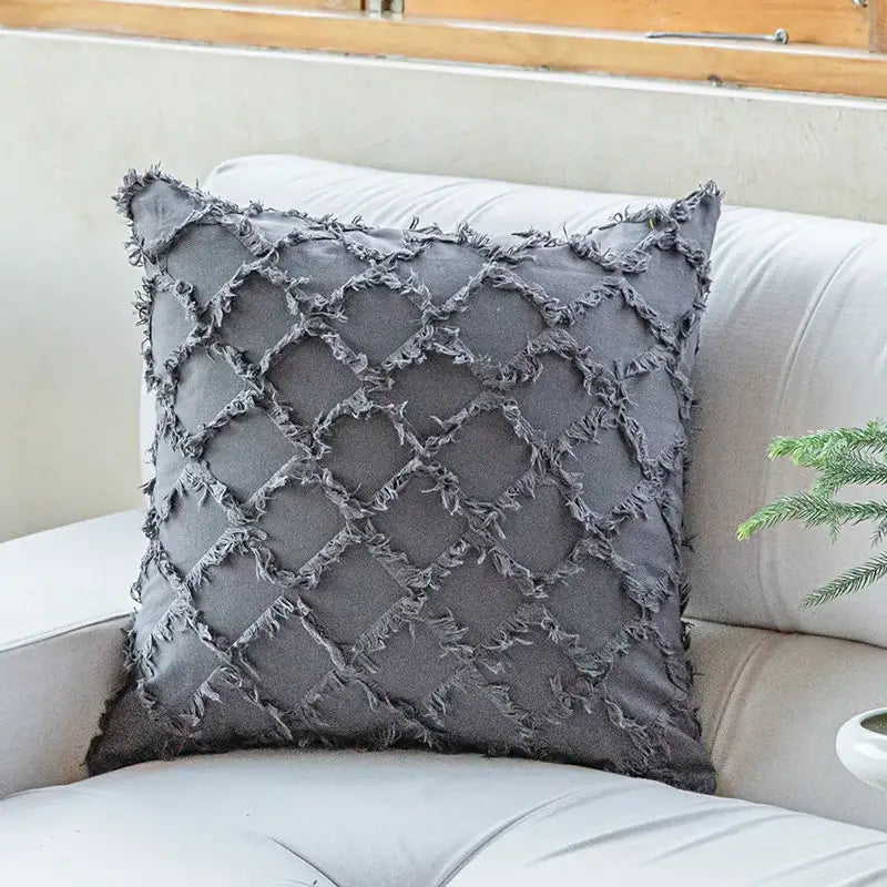 Gray cotton diamond cushion cover with frayed textured stitching in decorbites cotton diamond style for living room decor