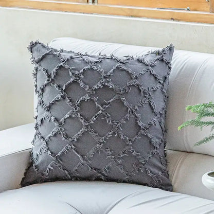 Gray cotton diamond cushion cover with frayed textured stitching in decorbites cotton diamond style for living room decor