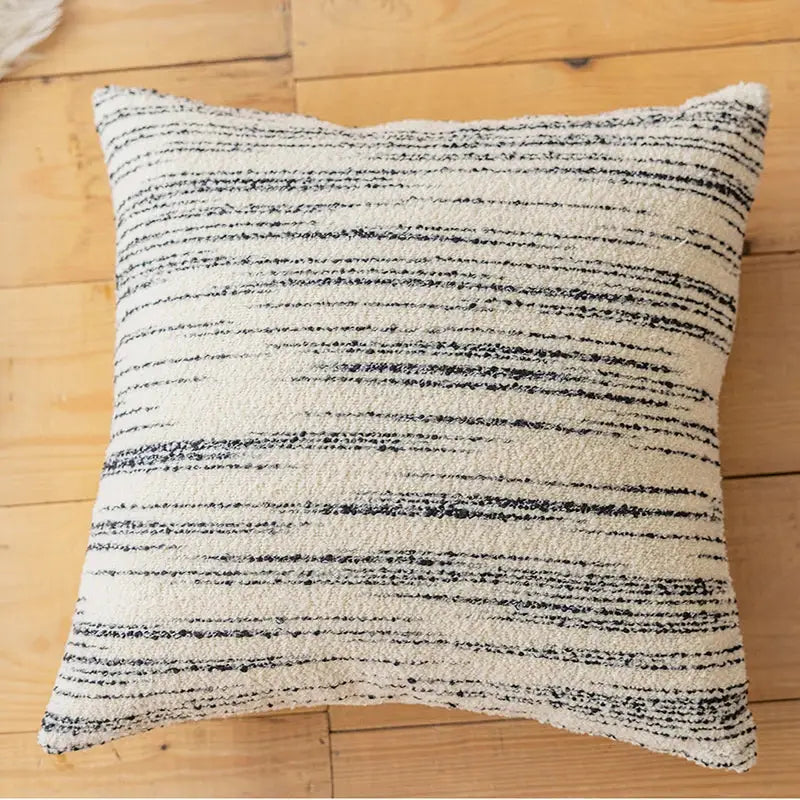 Cream-colored comfort woolen pillow cover with textured black horizontal stripes for living room decorbites comfort woolen