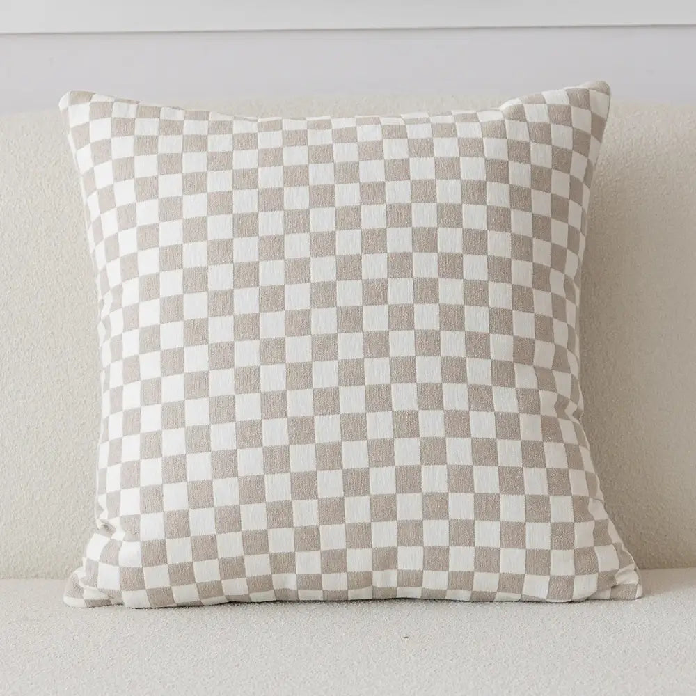 A square pillow cover with classic beige and white checkered pattern made from textured fabric by decorbites comfort woolen