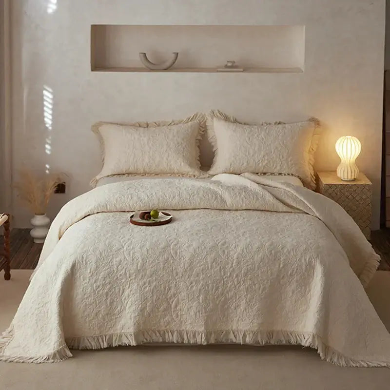 Textured cream cotton quilted bedspread set with fringed edges and matching pillows for bedroom decorbites cotton quilted