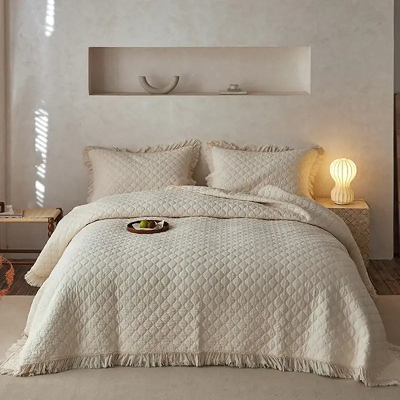 Textured cream decorbites cotton quilted bedspread set with diamond pattern and fringed edges for bedroom decor