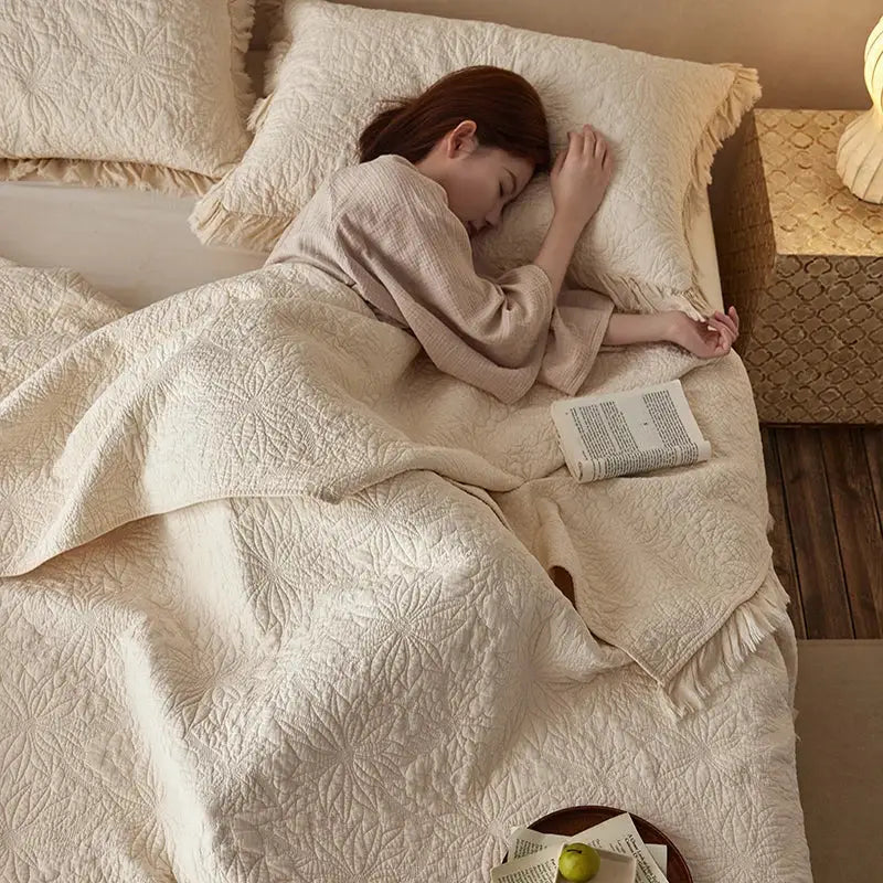Cream cotton quilted bedspread set featuring subtle leaf pattern textured with fringed edges for bedroom decorbites cotton quilted