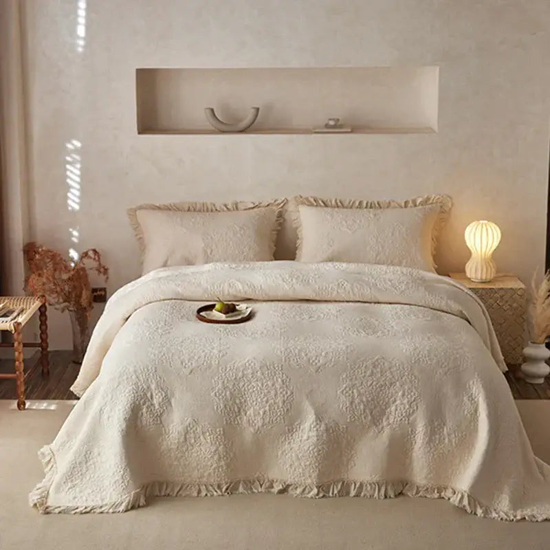 Cream-colored decorbites cotton quilted bedspread set with textured embroidery ruffled edges and fringes for bedroom decor