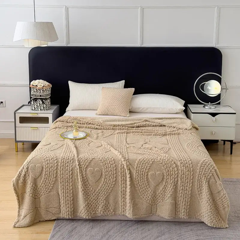 Beige textured knit sofa cover blanket with heart and bow jacquard patterns for living room use