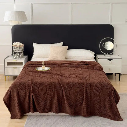 Brown plush sofa cover blanket with textured heart-patterned knit design for living room comfort and style