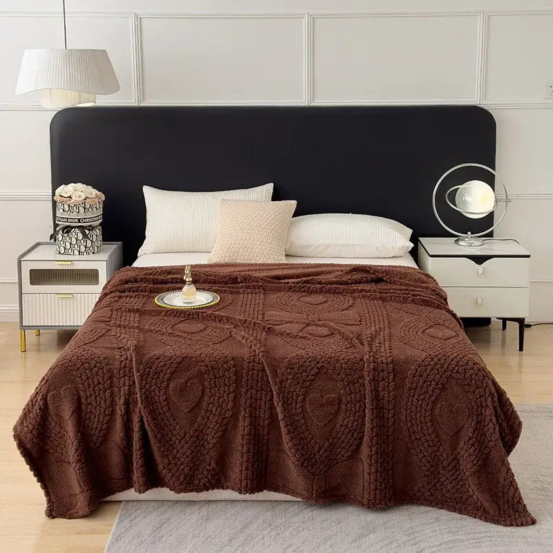 Brown plush sofa cover blanket with textured heart-patterned knit design for living room comfort and style
