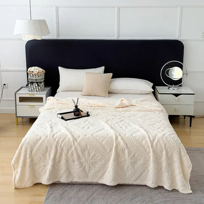 Cream-colored plush textured jacquard sofa cover blanket with diamond-patterned knit design for living room use