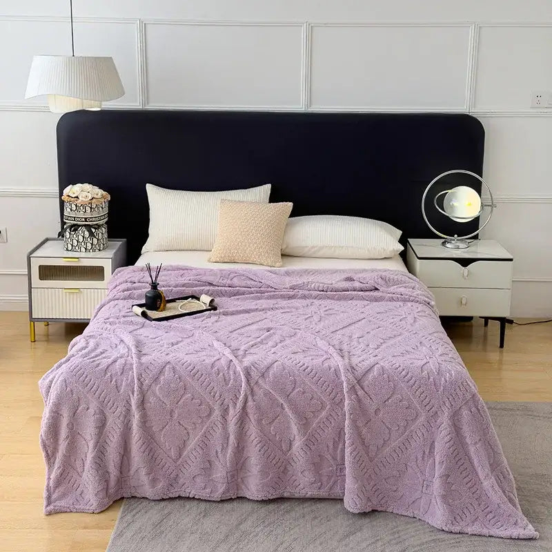 Lavender textured throw blanket with diamond pattern used as a sofa cover blanket for living room decor