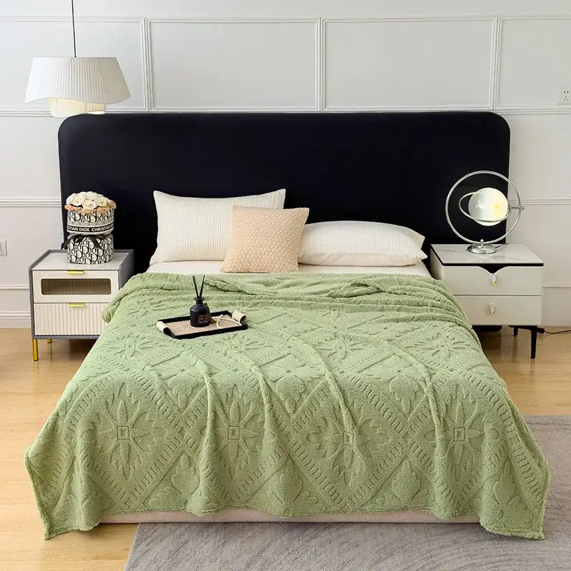 Soft mint green textured throw blanket with diamond-patterned knit design as a sofa cover blanket for living room