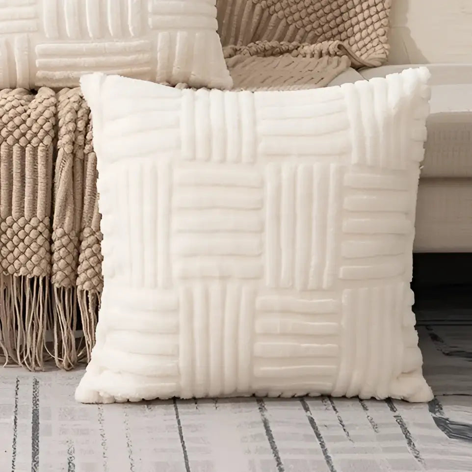 Cream-colored plush throw pillow with textured woven geometric design cushion cover for living room decorbites decor