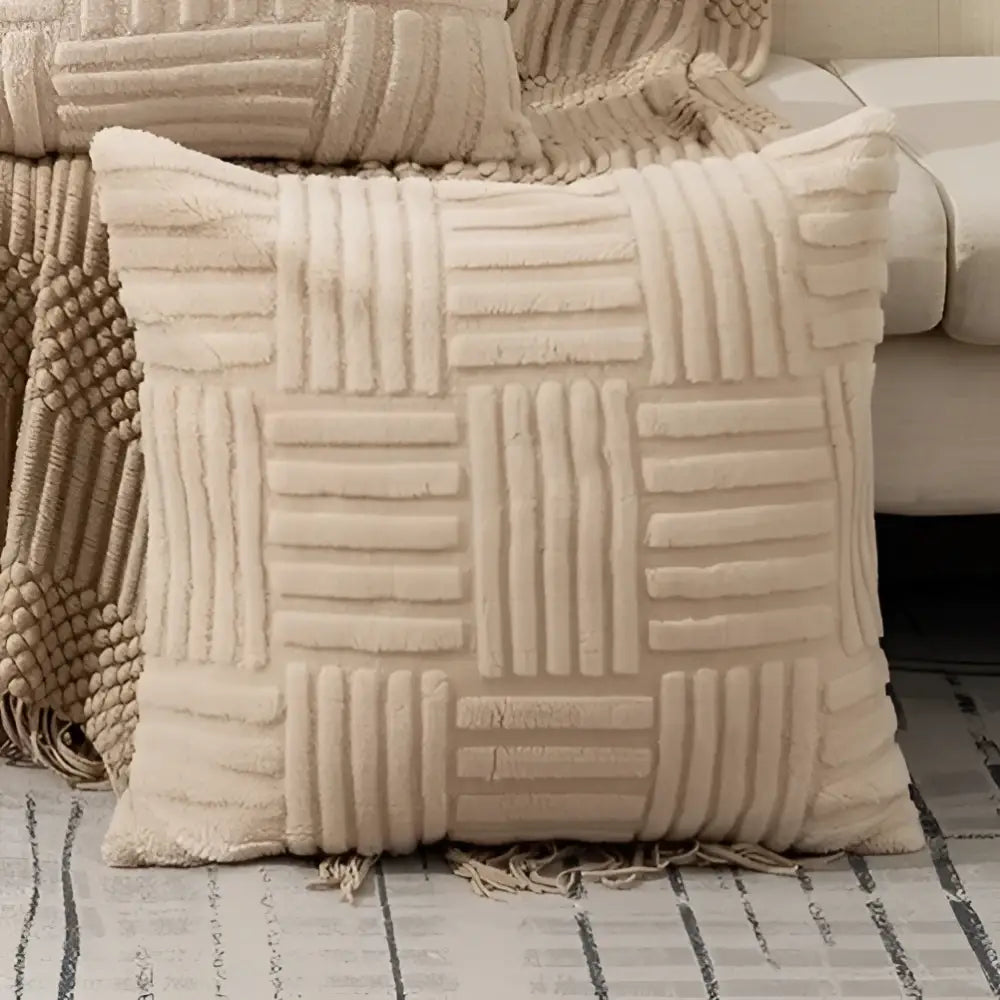 Beige textured throw pillow with a woven ribbed pattern and fringed edges for decorbites geometric design cushion covers