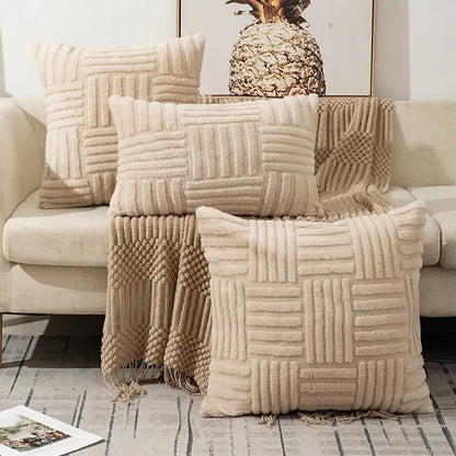 Beige textured throw pillow cushion covers with decorbites geometric design and fringed edges for living room decor