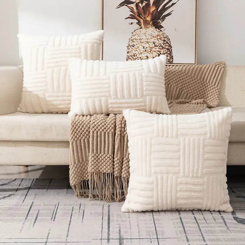 Cream-colored textured woven geometric design cushion covers by decorbites for stylish living room decor